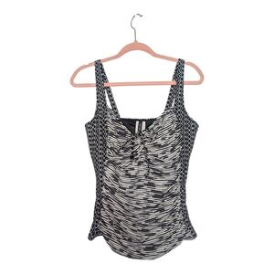 1X • Addition Elle • Black and White Ruched Tie Front Swim Tank Top W. Shelf Bra
